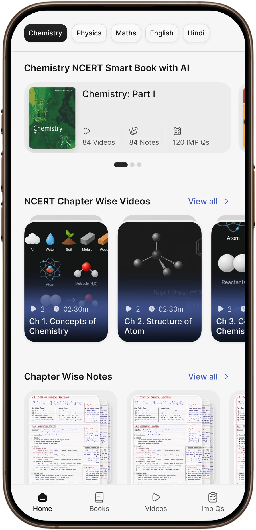 ProLearn's home screen, with a subject switcher and the Chemistry NCERT smart book, its videos and its notes.