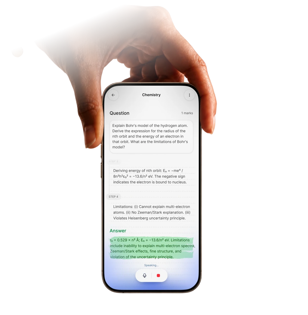 A hand holding a phone showing a ProLearn answer worked through step by step.