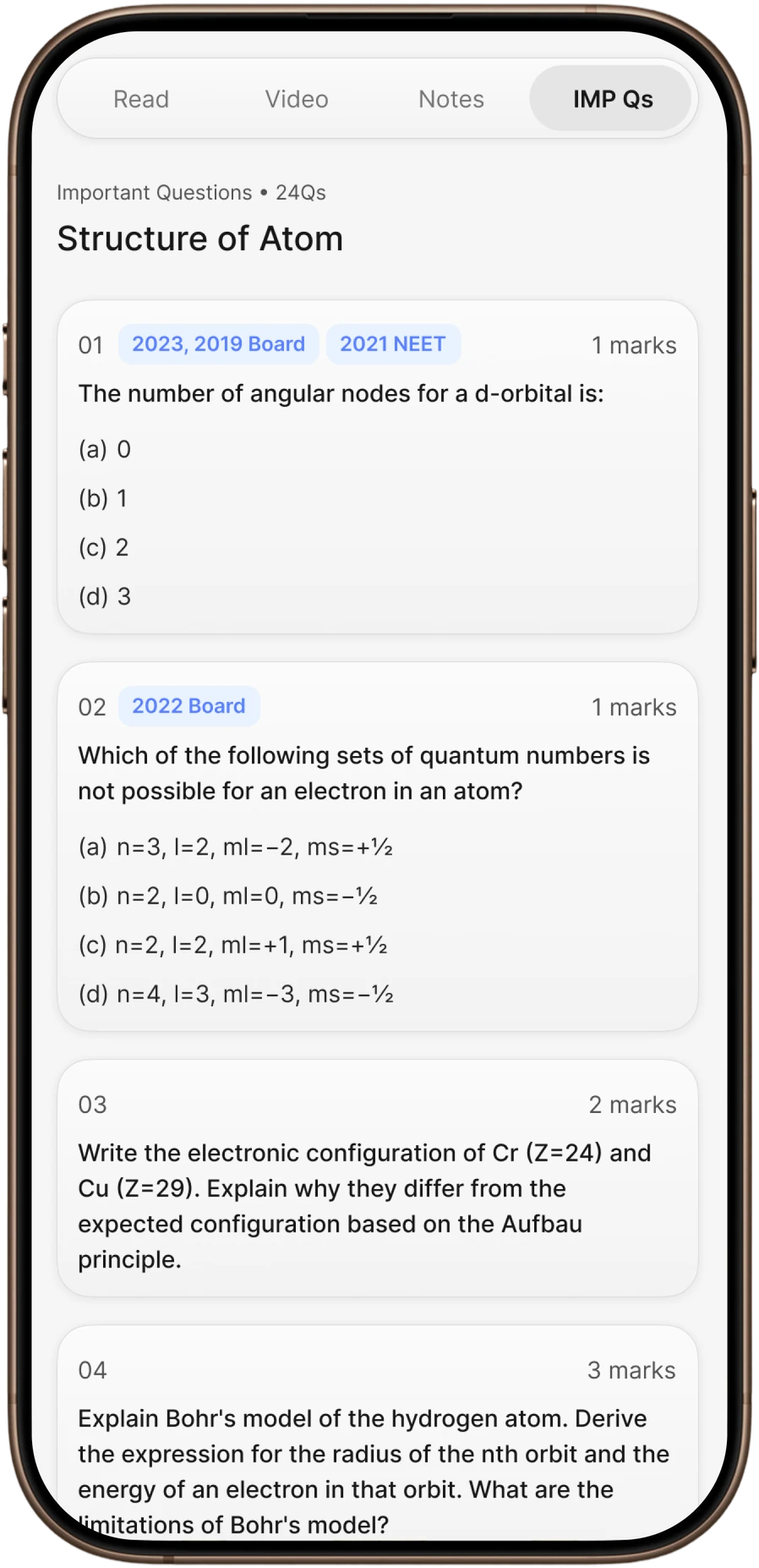 ProLearn's important questions for Structure of Atom, each tagged with its exam year and marks.