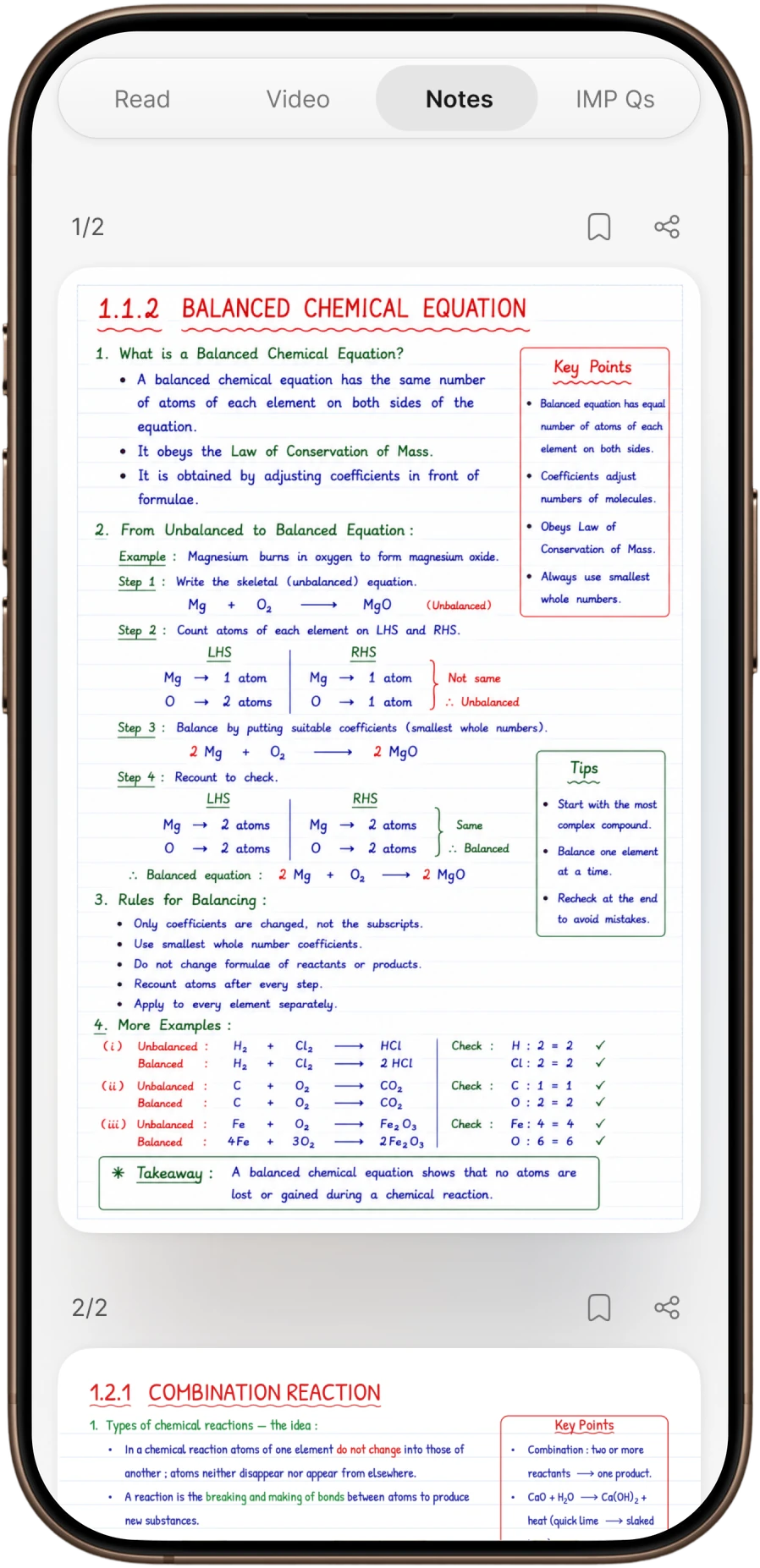 ProLearn's chapter notes for balanced chemical equations, with key points, steps and worked examples.