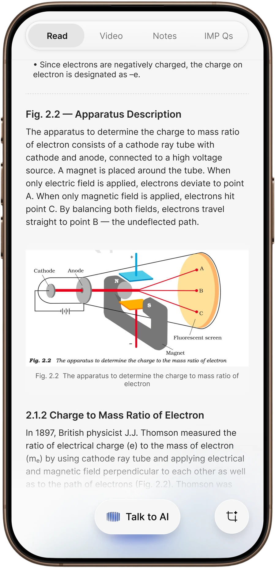 A ProLearn reading view showing the NCERT passage on the charge to mass ratio of the electron, with the apparatus diagram.